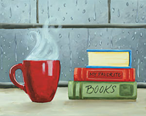 Painting of a mug and stack of books in front of a rainy window